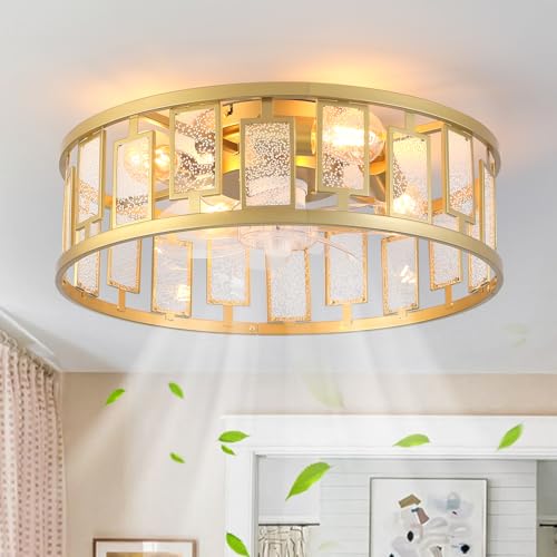 Image of Garwarm 20IN Caged Ceiling Fan with Light,Flush Mount Ceiling Fans with Lights and Remote,Bladeless Fandelier Low Profile Ceiling Fan Light Fixture for Bedroom,Kitchen,Dining Room, Gold