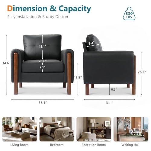 Image of STHOUYN 35 inch Black Leather Oversized Accent Chair Set of 2 with Wood Armrests, Mid-Century Modern Tufted Living Room Chair, Comfy Reading Sofa Chair Lumbar Support Thick Cushion Waiting Room Office