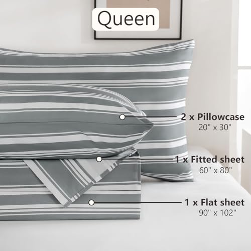 Image of MCO Gray Striped Sheets Set Queen 4Pieces, Ultra-Soft and Breathable