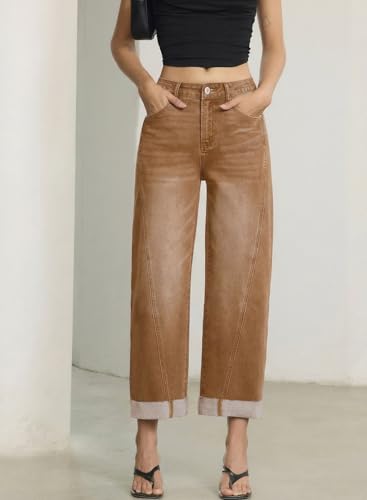 Image of Sidefeel Barrel Jeans for Women High Waisted Wide Leg Baggy Stretchy Trendy Raw Rolled Hem Capri Cropped Ankle Denim Pants
