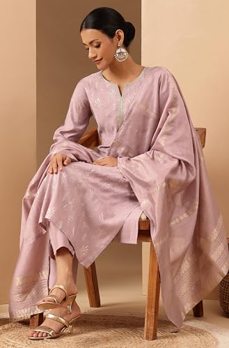 Image of Janasya Women's Lavender Silk Blend Embellished Gold Printed Straight Kurta Set