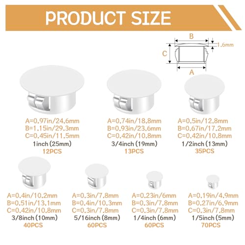 Image of 290PCS 7 Sizes Plastic Plugs for Round Holes - Nylon White Cover Snap Locking, 1 inch 3 /4 inch 1 /2 inch 3 /8 inch 5 /16 inch 1 /4 inch 1 /5 inch - Used for Plastic Furniture, Cabinet DD015-w