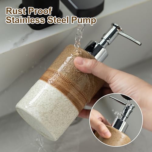 Image of Ceramic Soap Dispenser Set for Hand Soap, Shampoo, Dish Soap, Conditioner, Includes Stainless Steel Pump and Silicone Funnel, 12 Oz, Modern Kitchen Decor