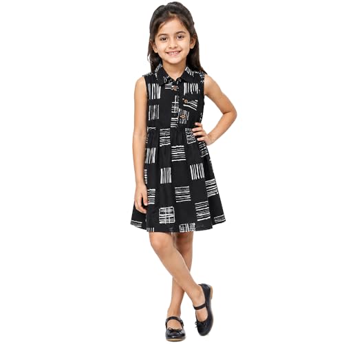 Image of Girls Printed Knee Length Fit and Flare Sleeveless Collar Dress