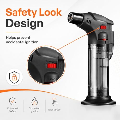 Image of Blow Torch Lighter | Jet Flame Kitchen Torch | Windproof Refillable Butane Gas Lighter for BBQ, Cooking, Stove,Soldering, Candle, Resin Art, Camping | Adjustable Flame | Safety Lock (1)