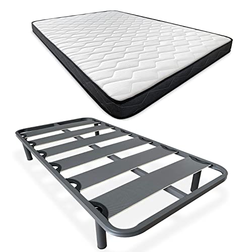Somnia Descanso   Cama Completa con Colchón Versalles Reversible (Cara Invierno/Verano) + Somier Reforzado 40x30mm con 4 Patas Metálicas Roscadas, 90 x 190