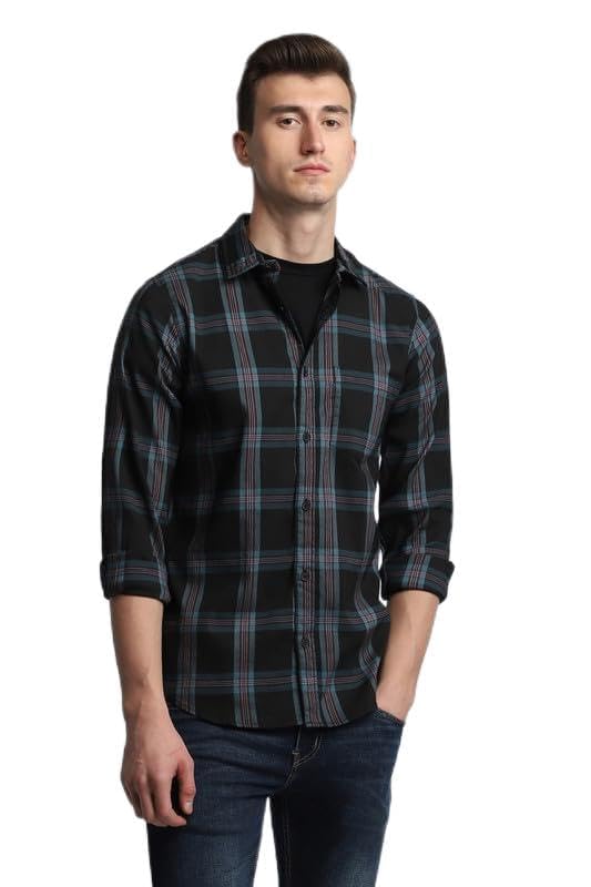 Image of Dennis Lingo Men's Cotton Casual Shirt, Long Sleeve Slim Fit Spread Collar