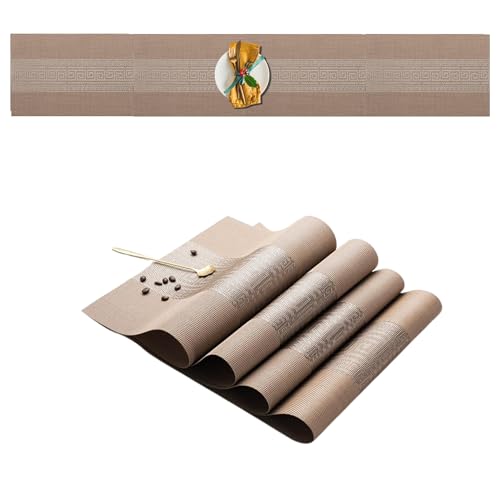 Image of Dining Table Placemats & Runner Set - Heat Resistant, Washable & Stain Resistant Woven Vinyl Mats | Table Runner & 4 Placemats Set for Stylish Dining (45x30 cm Placemats, 180x30 cm Runner)