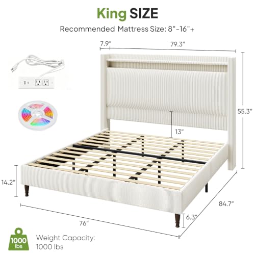 Image of King Size Bed Frame with 55.3 inch Tall Headboard, Corduroy Upholstered, Cream