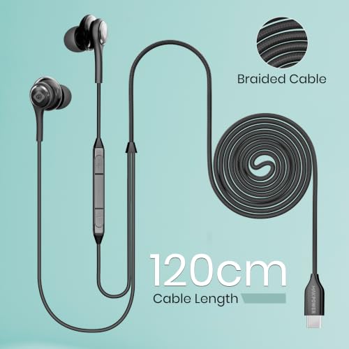 Image of MAKPOWER Type C Wired Earphone with in Line HD Microphone & Volume Controller, Heavy Bass, HD Audio, 120 cm Tangle-Free Cable Compatible with, Android Smartphones & All Type-c Mobiles (Active Black)