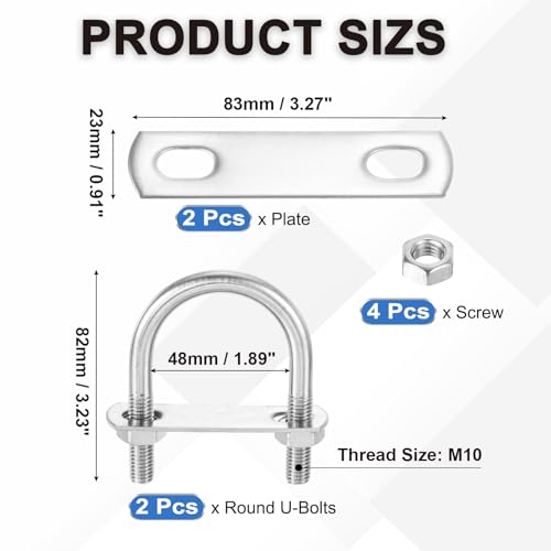Image of PATIKIL Round U-Bolts, 2 Pcs 1.89 inch(48mm) Inner Width 82mm Length M10 with Nut Plate Washer 304 Stainless Steel Round Bend U-Bolts for Boat Trailer Axle Sailboat