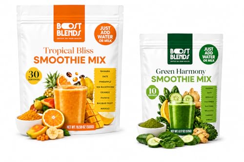 Boost Blends Smoothie Mix Bundle – Tropical Bliss 30 Servings + Green Harmony 10 Servings, Freeze-Dried Fruit & Veggie Smoothie Powder, Just Add Water or Milk