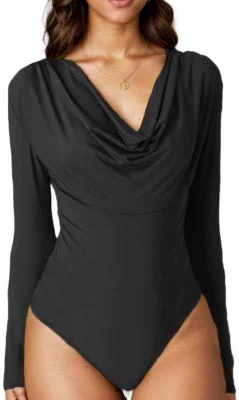 Sukiglam Body Mulher manga comprida elegante Cowl Neck Bodysuit tops sexy collants top ajustado bodyys tanga vestir festa slim fit camisas top elástico Shapewear Jumpsuit blusa macia cor sólida, Preto