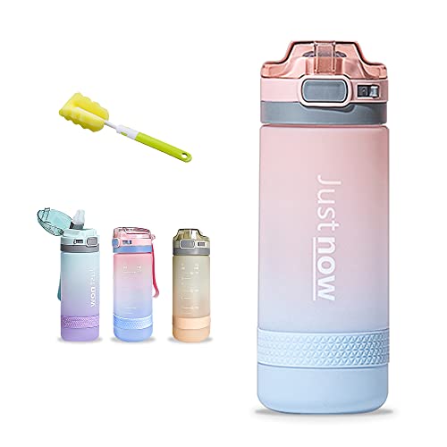 Botella deportiva para fitness con pajita, 500 ml, 600 ml, antigoteo, sin bisfenol A, para niñas, niños; para ciclismo, gimnasio, escuela y oficina, con cepillo de limpieza (500 ml, rosa fucsia) Cover