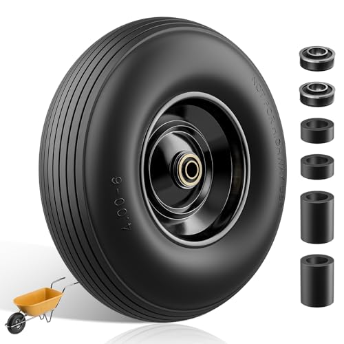 Wheelbarrow Wheel 4.00-6 tire 13Flat Free Wheelbarrow Tires Solid Wheel barrow Wheels and tires Replacement 5/83/4 Bearings 1.75 Center Hub Fits Garden Cart Dolly Hand Truck Trailer Wagon