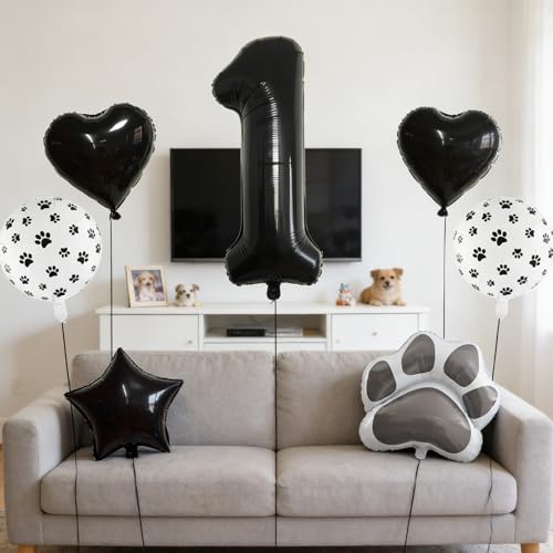 Image of 1st Birthday Dog Paw Balloons Set,18'' Paw Prints, Heart,Star,Paw Shaped Foil Balloon 40 Inch Black Number 1 Helium balloons for Puppy Themed Third Anniversary Birthday Party Decorations Supplies 6PCS