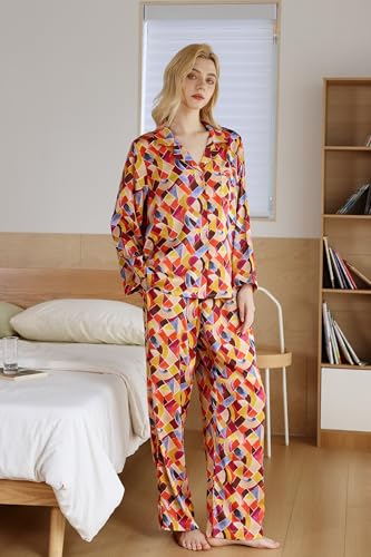 Image of YiNi LuLu Womens Silk Satin Pajamas Set Button Down 2 Piece Pjs Long Sleeve Oversized Sleepwear with Pockets