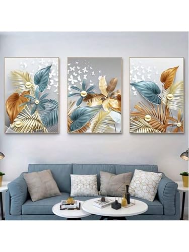 Impression sur toile feuilles papillon dorées de qualité - Triptyque mural 60x80 encadré - 6