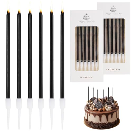 12 Pcs Black Birthday Candles Long Thin Cake Candles with Holders - Black Birthday Candles for Cakes Party Decorations Wedding Anniversary Baby Shower