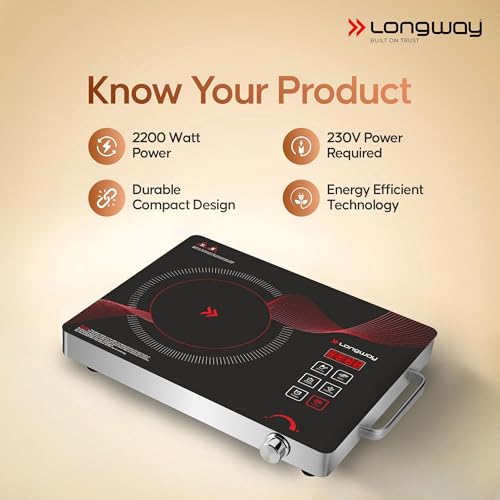 Image of Longway Infralite Pro 2200W Infrared Induction Cooktop with Steel Grill Rack, Crystal Glass Top, Touch Panel & Digital Display, 4 Preset Modes - Stir Fry, BBQ, Hot Pot & Steam, Red