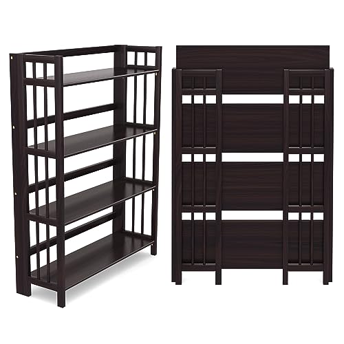 Stony Edge 4-Tier Folding Bookshelf | Espresso Wood Finish | 45x32x11.5 Inches | Book Shelf for Books and Trinkets | No Assembly Required | Foldable & Small Bookshelf for Home and Office