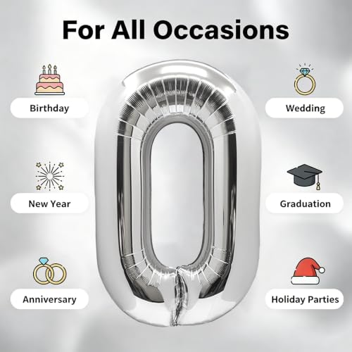 Image of Number Balloons Silver Party Balloon - Giant Number 0 Balloon, 40 Inch Large Balloon for Birthday Decorations, Silver Party Supplies for Anniversary