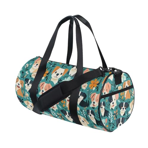 Cartoon Flower Dog Sports Duffel Bag Full Print Durable Barrel Gym Bag with Large Capacity, Adjustable Strap and Side Zippered Pocket for Fitness Sports Training and Travel3