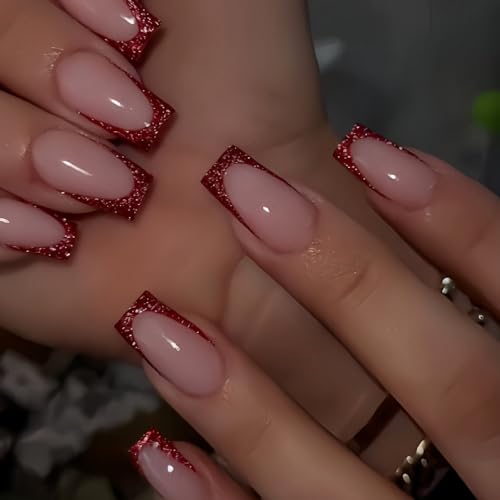 Square Press on Nails Medium Christmas Fake Nails Red Glitter