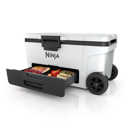 Ninja FrostVault Nevera portátil rígida, con Ruedas y cajón Dry Zone Integrado a Temperatura de frigorífico, Mantiene el Hielo Durante días, Capacidad para 97 latas, Blanco Nube, FB265EUWH
