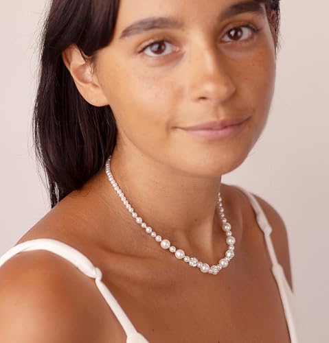 Mariell Pearl Necklace for Brides with Rhinestone Crystal Fireball Accents, 16", Bridal & Wedding Jewelry2