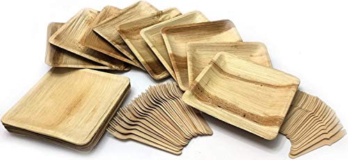 Disposable Palm Leaf Compostable Bamboo Plates and Utensils - Dinnerware Set with Wood Utensils