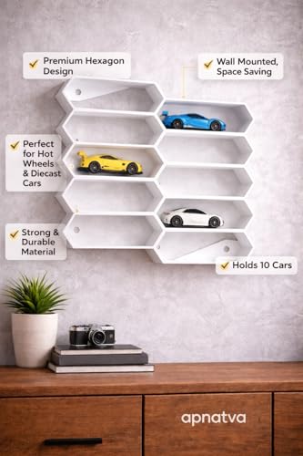 Image of 10-Car Hexagon Wall Rack Compatible with Hot Wheels Stand & 1:64 Die-Cast Cars | Stackable Wall Car Display Organizer with Side Guards & Screw Slot|Home & Office Decor (NO CAR INCLUDED)(White)