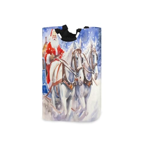 Jihqo Laundry Hamper Basket Christmas Santa Horse Carriage Collapsible Nursery Storage Bin Waterproof Clothing Baskets for Home Bedroom Bathroom Washing Room