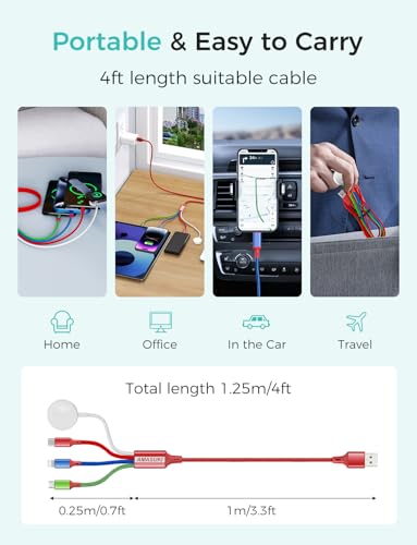 Image of 2Pack Multi Charging Cable for Apple Watch Charger 4 in 1 Travel Essentials RV Camping Essentials USB C /L /Micro Compatible with iWatch Series 11-1 /iPhone 17 /16 /15 /Android Airplane Gadgets-4FT /Red