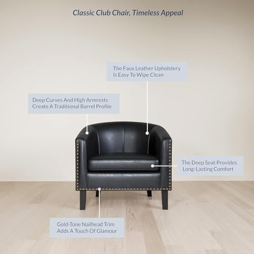 Image of BELLEZE Accent Barrel Chair Set of 2, Modern Faux Leather Tub Club Chair Upholstered Armchair with Gold Nail Head Trim and Black Legs for Living Room Bedroom Apartment Lounge - Black