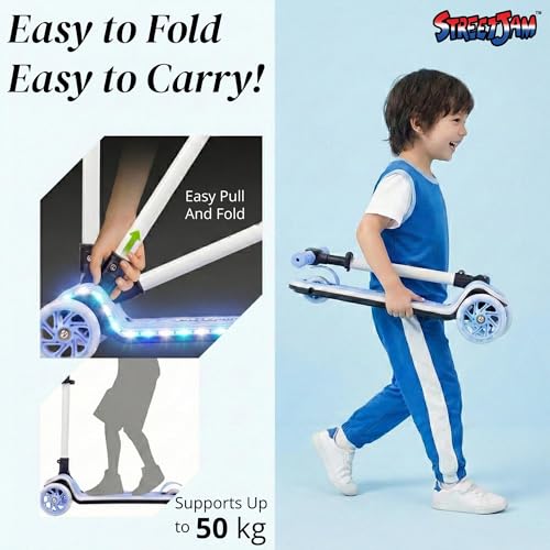 Image of STREETJAM Blinkie Kids LED Kick Scooter for 3-12 Years, LED Deck with Multiple Light Modes (1st Time in India), BIS Approved, Extra Wide Deck, Rechargeable, Up to 50 kg Load (Neon Blue with Grey)