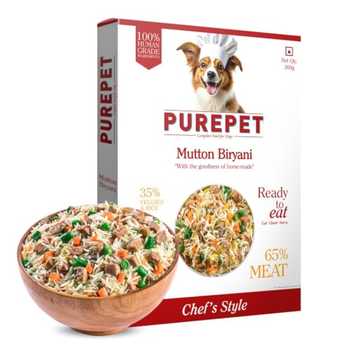 Image of Purepet Fresh Dog Food 300g | Mutton Biryani for Adults & Puppies | High Protein, 65% Real Meat, 35% Veggies & Rice | No Preservatives | Ready to Serve | All Breeds | Single Meal Pack (Pack of 5)