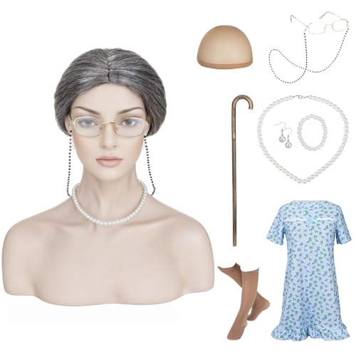 SEGOHAIR Halloween Old Lady Wig for Women, Granny Costume Dress