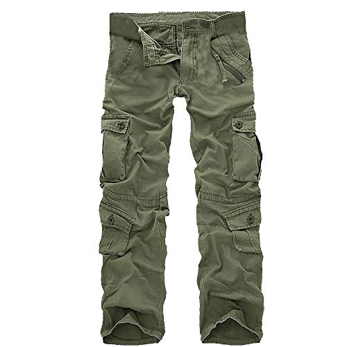 iYYVV Mens Fashion Casual Cotton Multi-Pocket Outdoors Work Trouser Long Cargo Pants Army Green