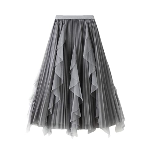 Jupe mi-longue en tulle gris à volants irréguliers taille unique