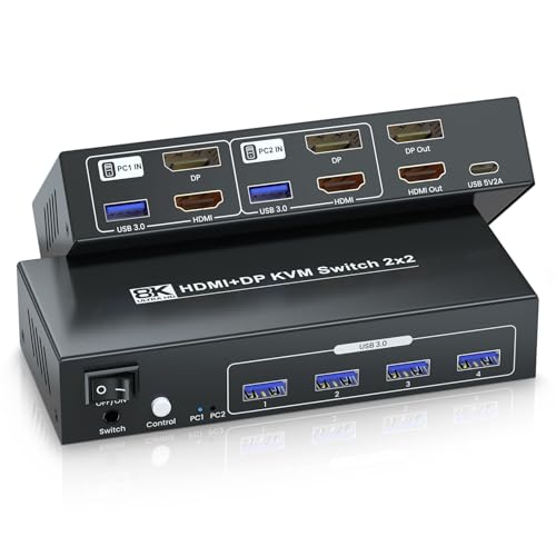 8K@60Hz 4K@120Hz HDMI Displayport KVM Switch 2 Monitors 2 Computers, USB 3.0 Dual Monitor HDMI DP KVM Switch for 2 PCs Share 2 Monitors and 4 USB 3.0 for Keyboard, Mouse, Printer and More
