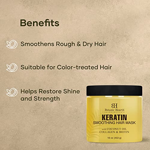 Botanic Hearth Keratin Hair Mask | Biotin, Collagen & Coconut Oil | For Dry Damaged Treated Hair | Restore, Repair, Smoothing, Conditioning & Strengthen All Hair Types | For Men & Women | 16 Oz