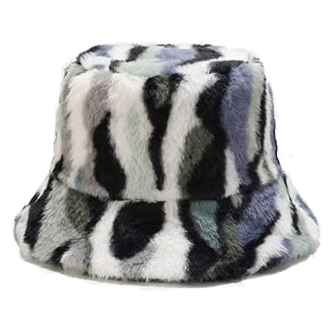 YWINETO Women Faux Fur Bucket Hat Winter Boonie Furry Wide Brim Fluffy Warmer Fisherman Cap for Lady Girls Cloche Hats Hiking Camping Ski Snow Skull Biking Hunting Hats, Black, L-XL Cover