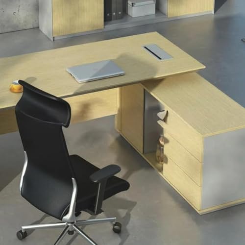 Image of Lakdi The Furniture Co Director & Executice L-Shape Table Luxury Modern Design Boss Office Desk Made in Particle Board with Wire Manager Side Unit 3 Drawers and Openable Shutter and Storage - LDL-596