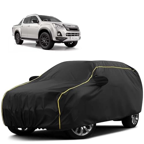Image of Sulfar 100% Water Resistant Car Body Cover Compatible with Mirror for Isuzu V-Cross (Triple Stitched, Full Bottom Elastic, Black Tafetta with Yellow Piping)