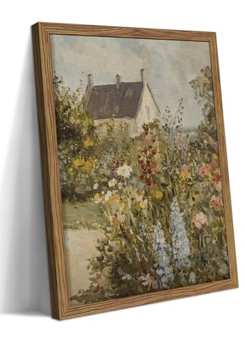 Image of Vintage French Country Cottage Framed Canvas Wall Art - Impressionist Flower Garden Oil Painting Print, Rustic Floral Landscape Decor for Living Room Bedroom Nursery Office 12x16 inch