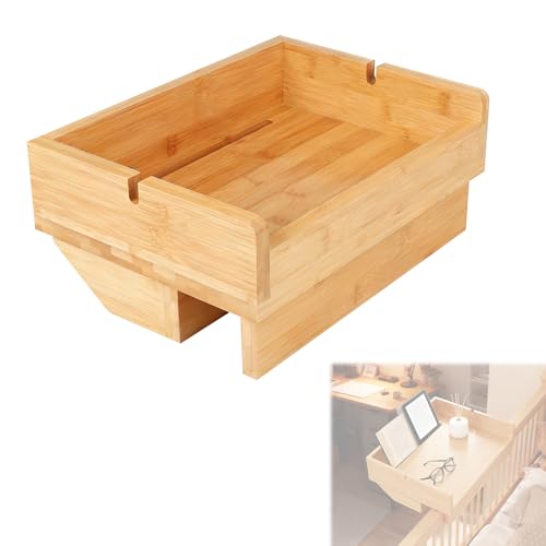 EXLECO Bettablage zum Einhängen Bambus, Nachttisch Regal für Bett Einstellbar 0-45mm, Hängender Betttablett, Hängetisch Schwebend Nachtkästchen mit Kabelführung, Bettablage Klemmbar, Bambusfarbe