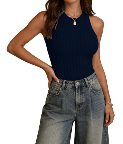 Image of INFITTY Womens Ribbed Tank Tops High Neck Slim Fitted Sleeveless Shirt Basic Knit Casual 2026 Summer Going Out Y2k Clothes