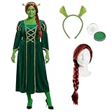 Princess Ogre Costume for Adults – Green Princess Dress with Ogre Ears, Plait Wig & Green Face Paint – Perfect for Fairy Tale, Movie & Halloween Fun