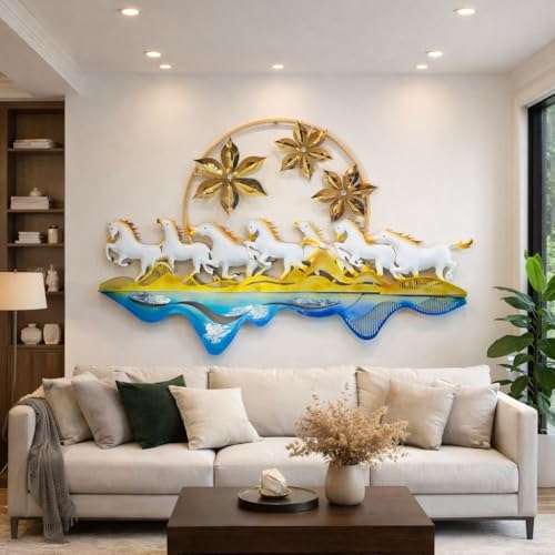 Image of SHREE 'O' GREEN TECH - Metal Handpainted Seven Horse Wall Hanging Multicolor Modern Showpiece for Stylish Interiors Wall Art for Home Decor, Living Room, Bedroom & Office (Size 50x31 Inch)